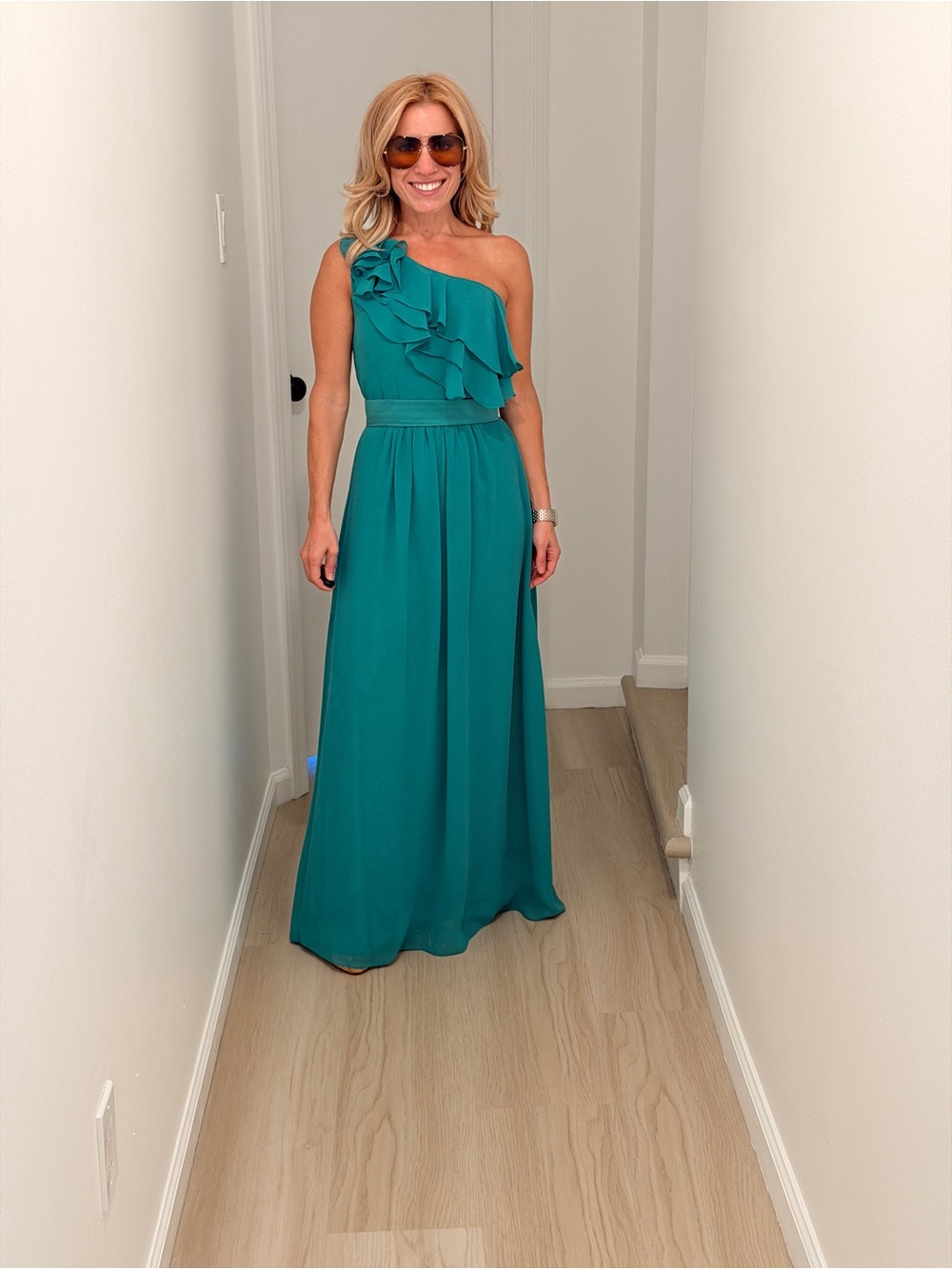 Pretty Maids Teal One-Shoulder Ruffle Dress